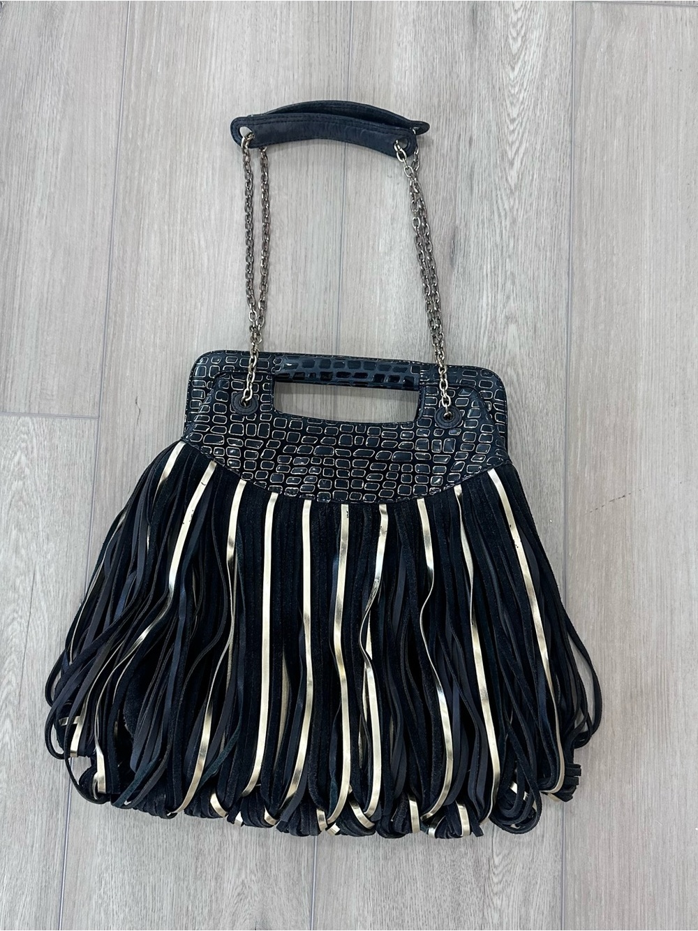 Katherine kwei New York suede leather fringe bag black gold